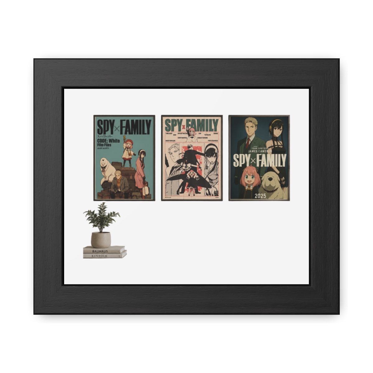 Three framed posters showcasing the "Spy x Family" anime series. The posters have a retro style with character illustrations and the series title. One poster includes the text "CODE: White Film Files... — official Spy x Family posters