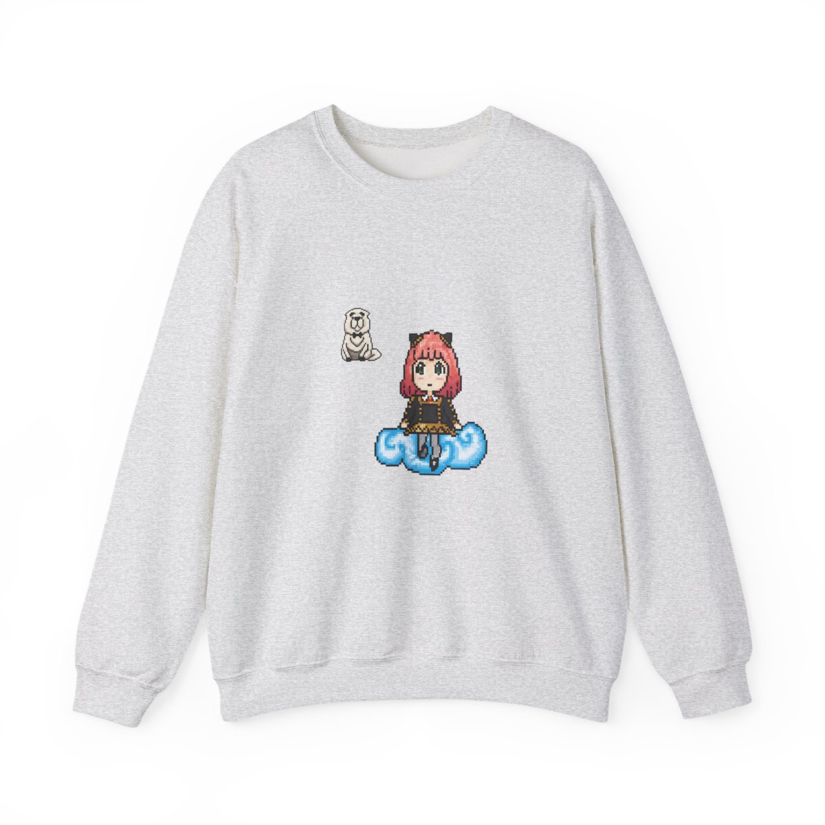 Teal Hoodies with a pixelated Anya Forger character on the back, sitting on a cloud. A small pixelated dog is on the front. The design uses black, pink, white, and blue pixels - alternate angle 2, merchandise