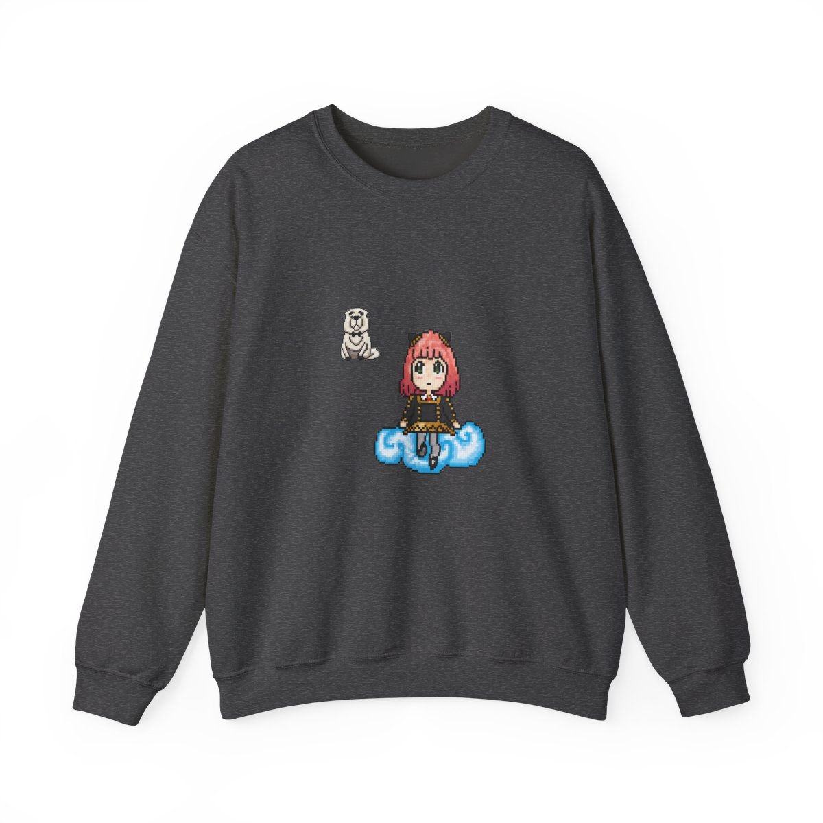 Teal Hoodies with a pixelated Anya Forger character on the back, sitting on a cloud. A small pixelated dog is on the front. The design uses black, pink, white, and blue pixels - alternate angle 3, merchandise