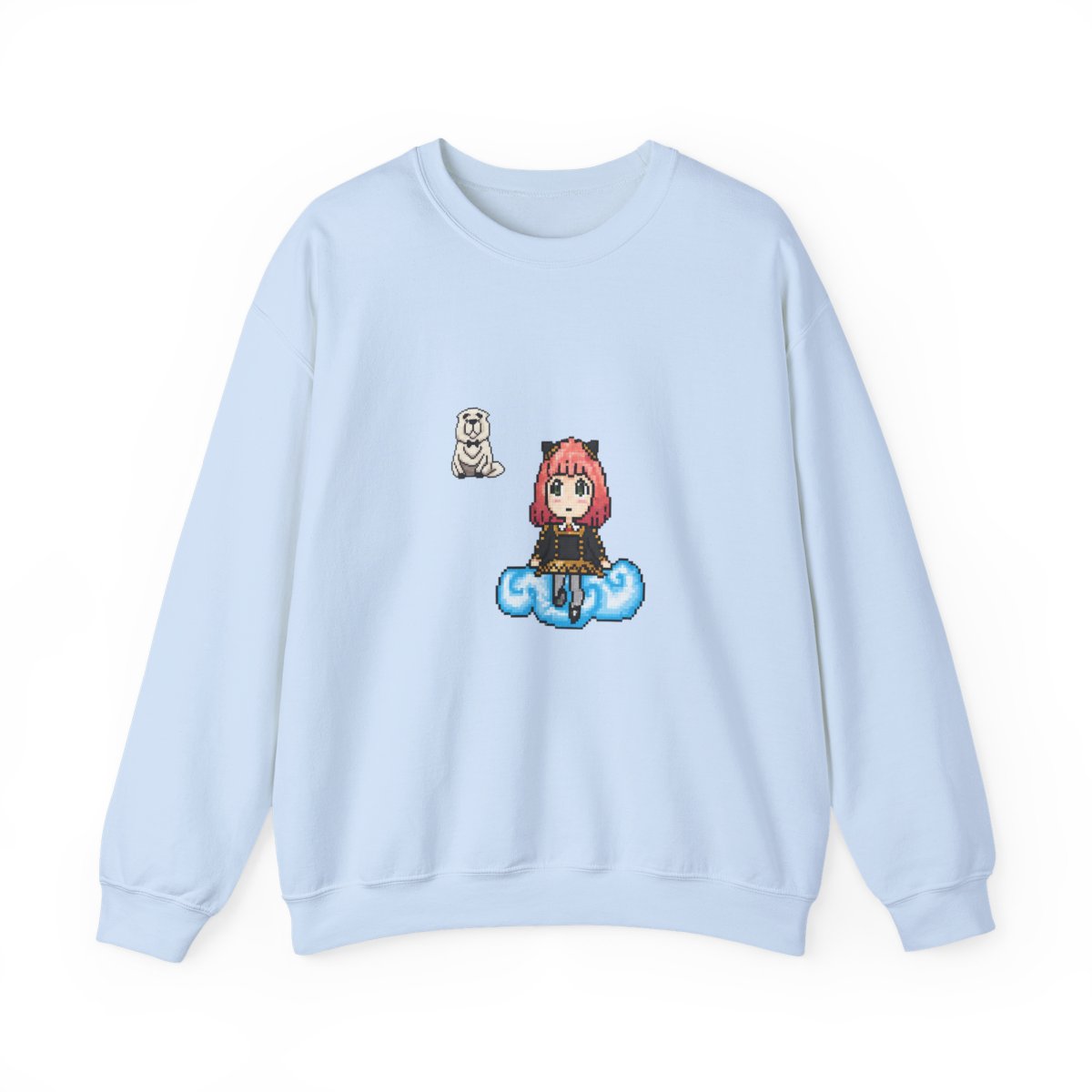 Teal Hoodies with a pixelated Anya Forger character on the back, sitting on a cloud. A small pixelated dog is on the front. The design uses black, pink, white, and blue pixels - Official Sweatshirts merchandise