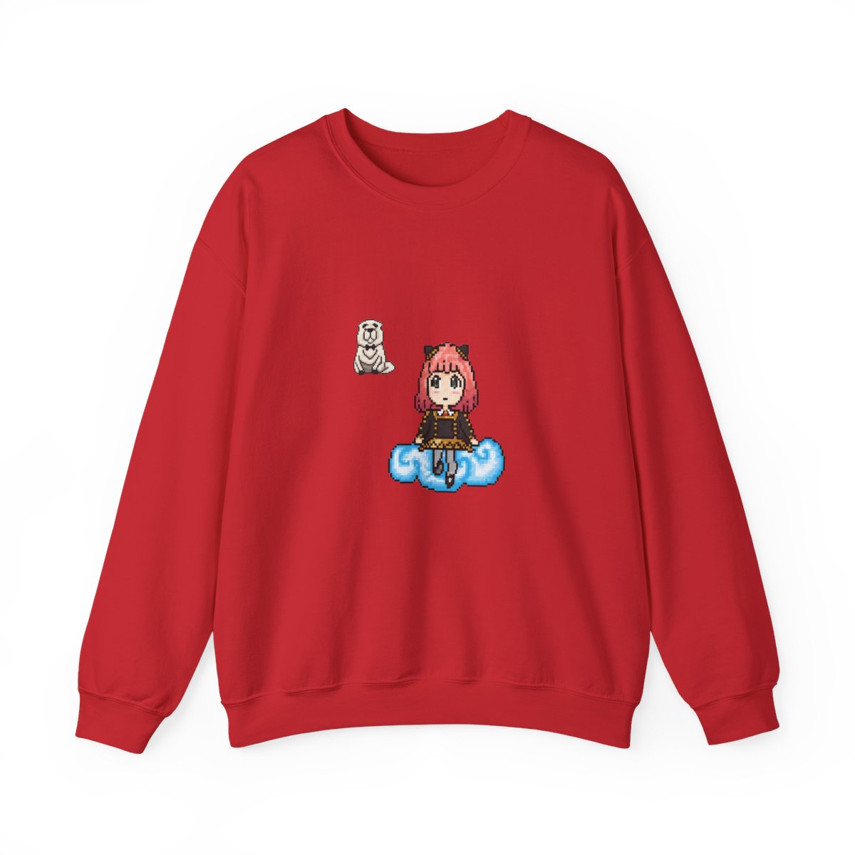 Teal Hoodies with a pixelated Anya Forger character on the back, sitting on a cloud. A small pixelated dog is on the front. The design uses black, pink, white, and blue pixels - alternate angle 4, merchandise