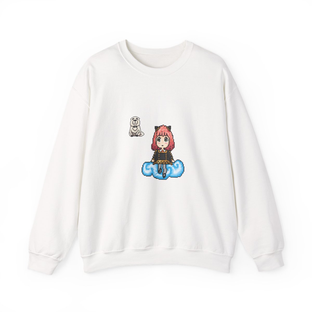 with a pixelated Anya Forger character on the back Crewneck