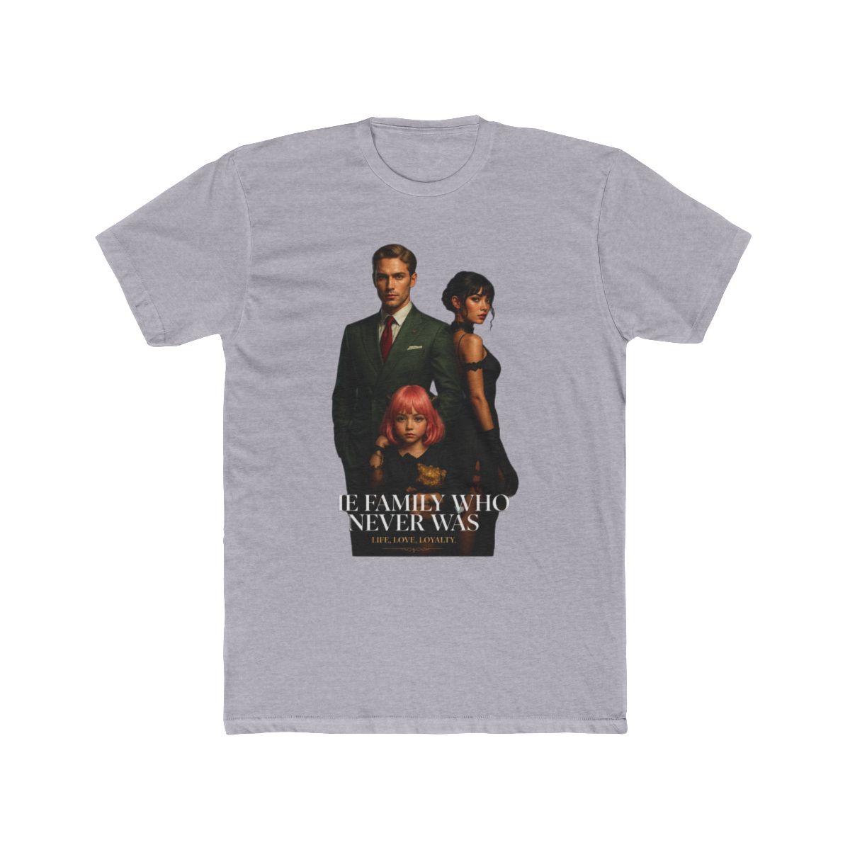 A dark brown T Shirt with a magazine cover design. The cover art features a family and the word "VISION". The text "THE FAMILY WHO NEVER WAS" and "LIFE, LOVE, LOYALTY" are also visible on the shirt - alternate angle 5, merchandise
