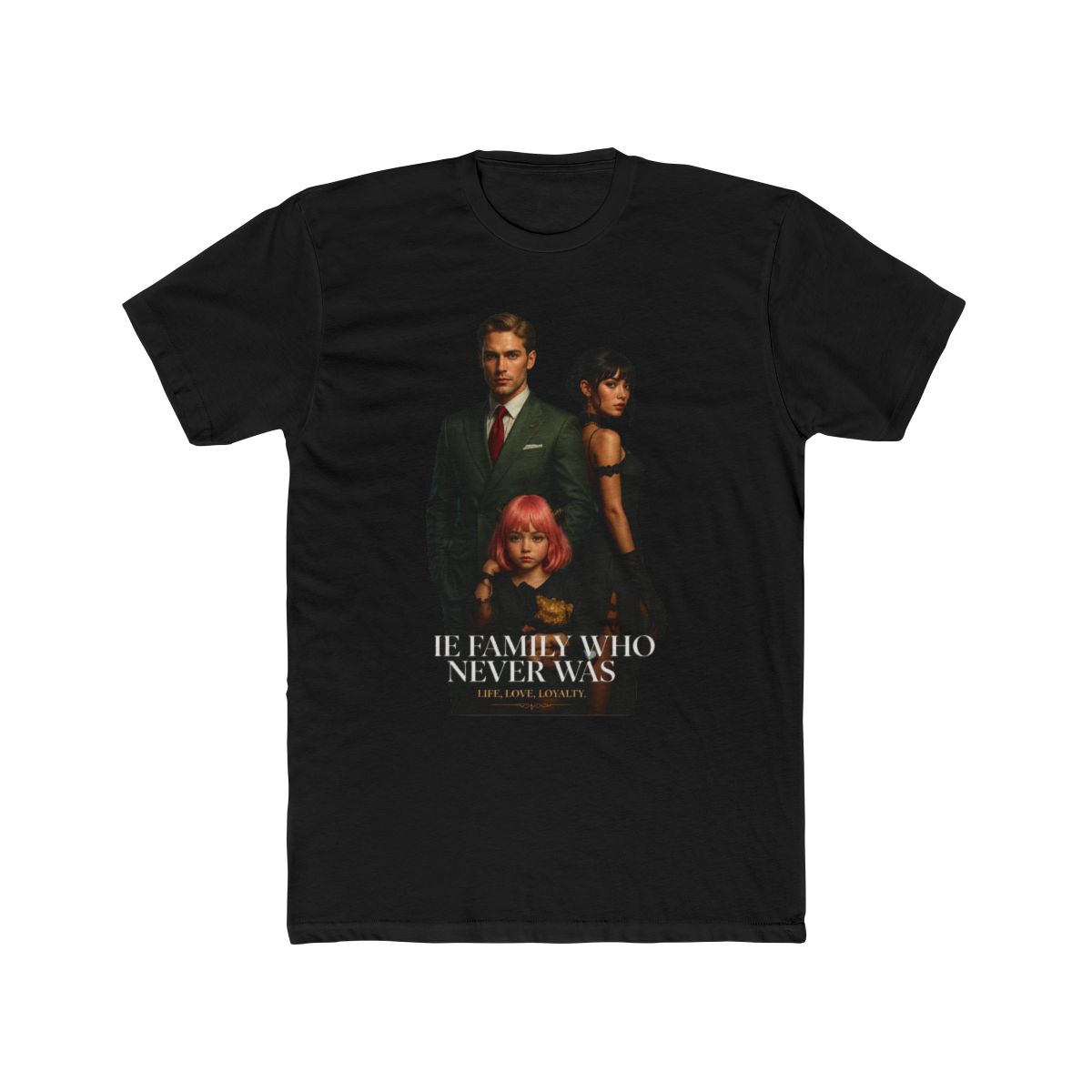 A dark brown T Shirt with a magazine cover design. The cover art features a family and the word "VISION". The text "THE FAMILY WHO NEVER WAS" and "LIFE, LOVE, LOYALTY" are also visible on the shirt - alternate angle 3, merchandise