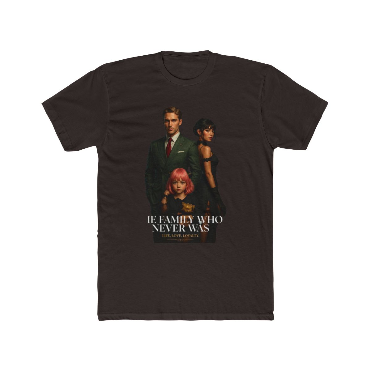 A dark brown T Shirt with a magazine cover design. The cover art features a family and the word "VISION". The text "THE FAMILY WHO NEVER WAS" and "LIFE, LOVE, LOYALTY" are also visible on the shirt - alternate angle 2, merchandise