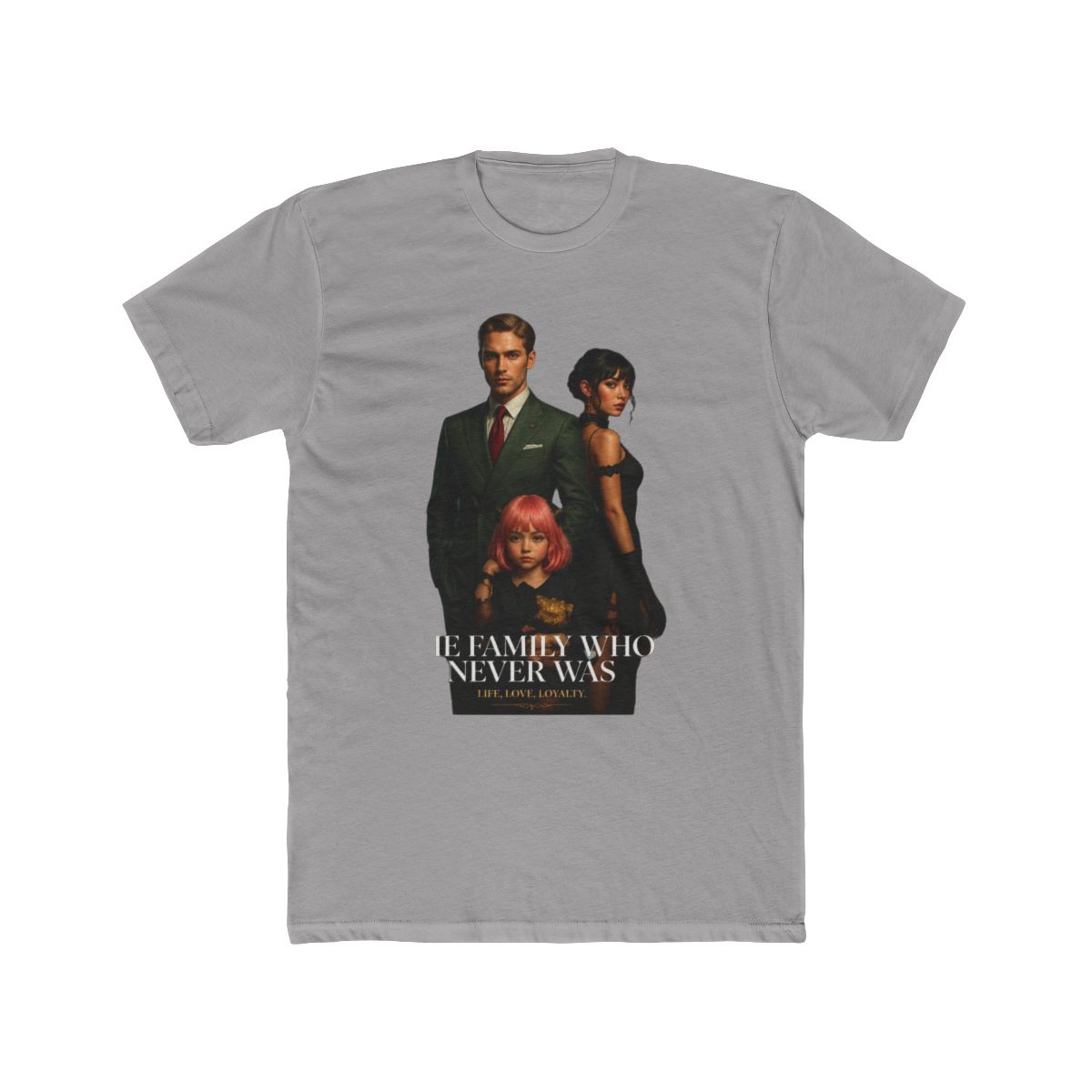 A dark brown T Shirt with a magazine cover design. The cover art features a family and the word "VISION". The text "THE FAMILY WHO NEVER WAS" and "LIFE, LOVE, LOYALTY" are also visible on the shirt