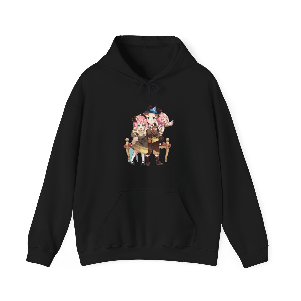 Pink hoodie with a black graphic of two anime characters and the text "SPY×FAMILY" on the back