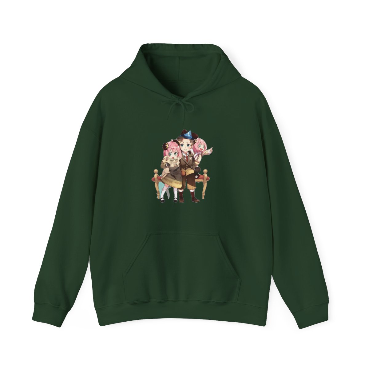 Pink hoodie with a black graphic of two anime characters and the text "SPY×FAMILY" on the back - Official Hoodies merchandise