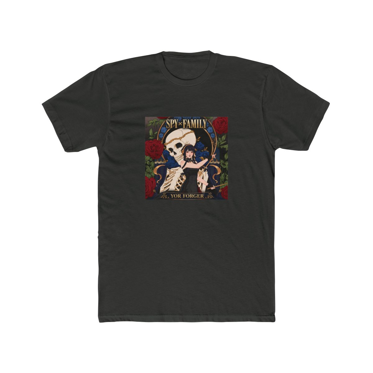 A black and white illustration of a skeleton with a woman in a black dress standing in front of it. The woman is holding a pair of wands. The background is filled with red and blue roses. The text... - alternate angle 2, merchandise