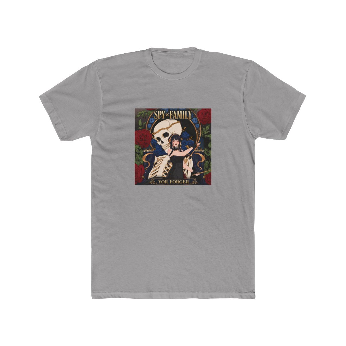 A black and white illustration of a skeleton with a woman in a black dress standing in front of it. The woman is holding a pair of wands. The background is filled with red and blue roses. The text... - alternate angle 5, merchandise