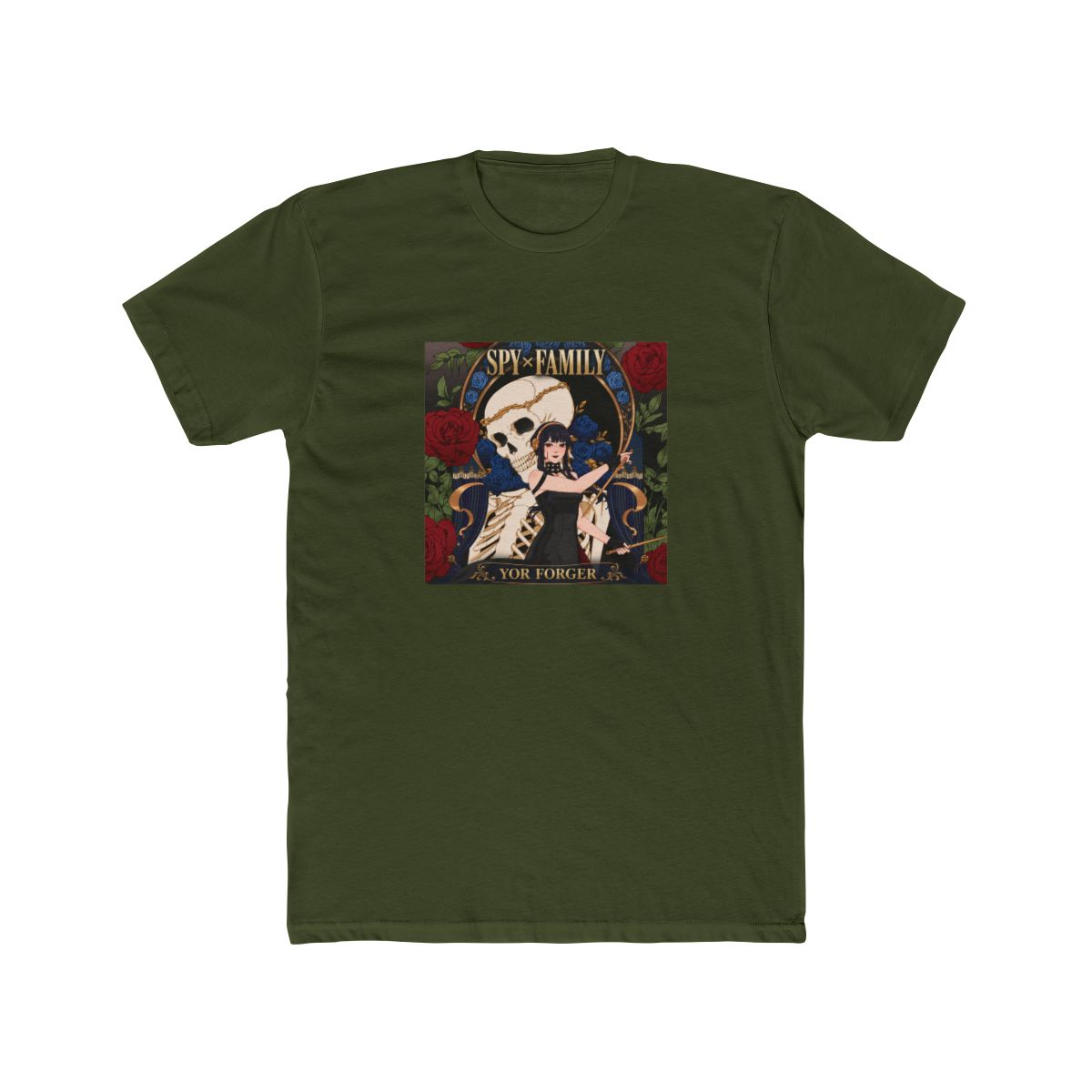A black and white illustration of a skeleton with a woman in a black dress standing in front of it. The woman is holding a pair of wands. The background is filled with red and blue roses. The text... - alternate angle 3, merchandise