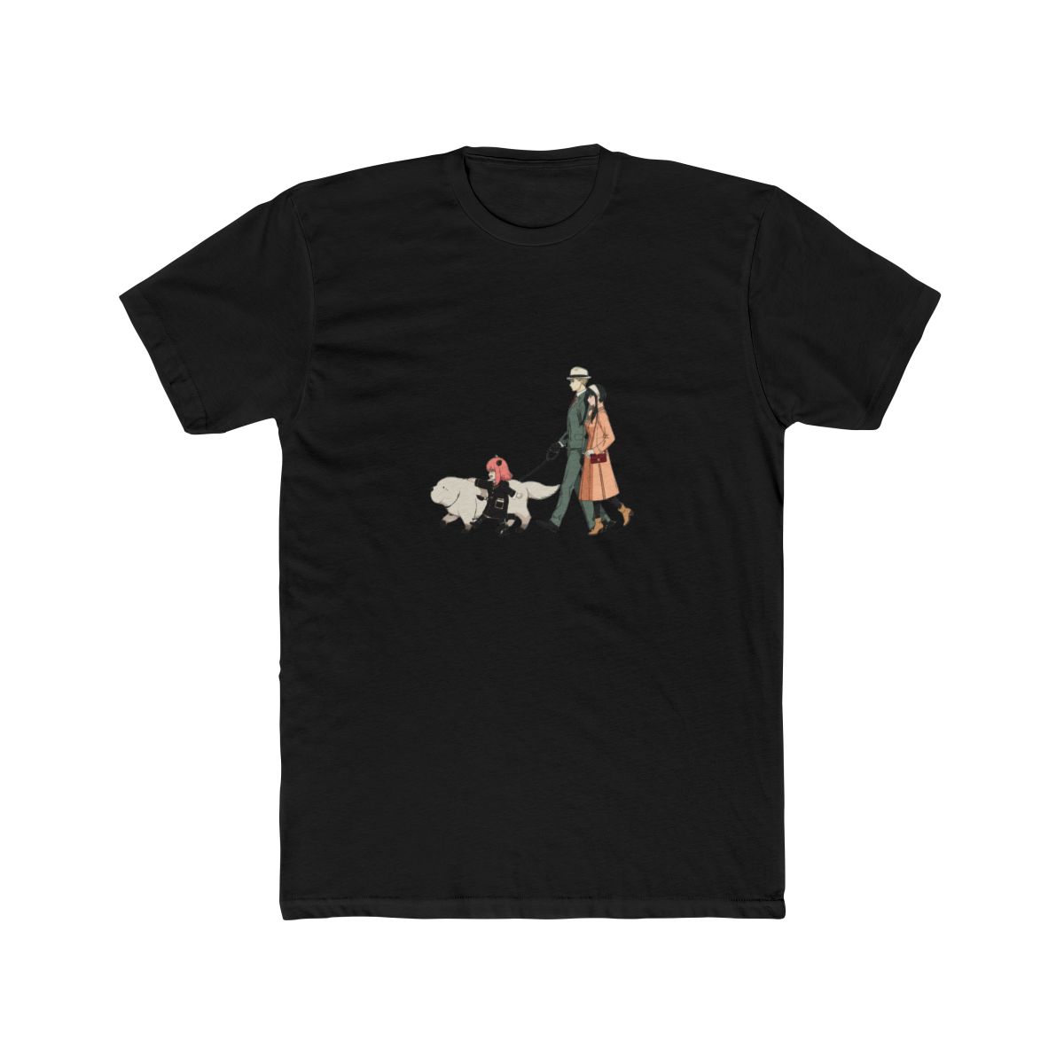 Moss green T Shirt with a graphic of a family walking a dog on a zebra crossing, with Japanese text above. The design includes a man, woman, child, and a white dog. The shirt is labeled "Comfort...