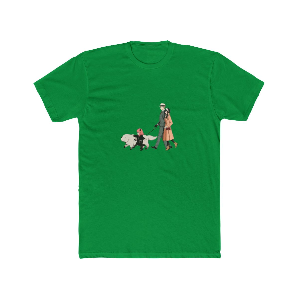 Moss green T Shirt with a graphic of a family walking a dog on a zebra crossing, with Japanese text above. The design includes a man, woman, child, and a white dog. The shirt is labeled "Comfort... - Official T-Shirts merchandise