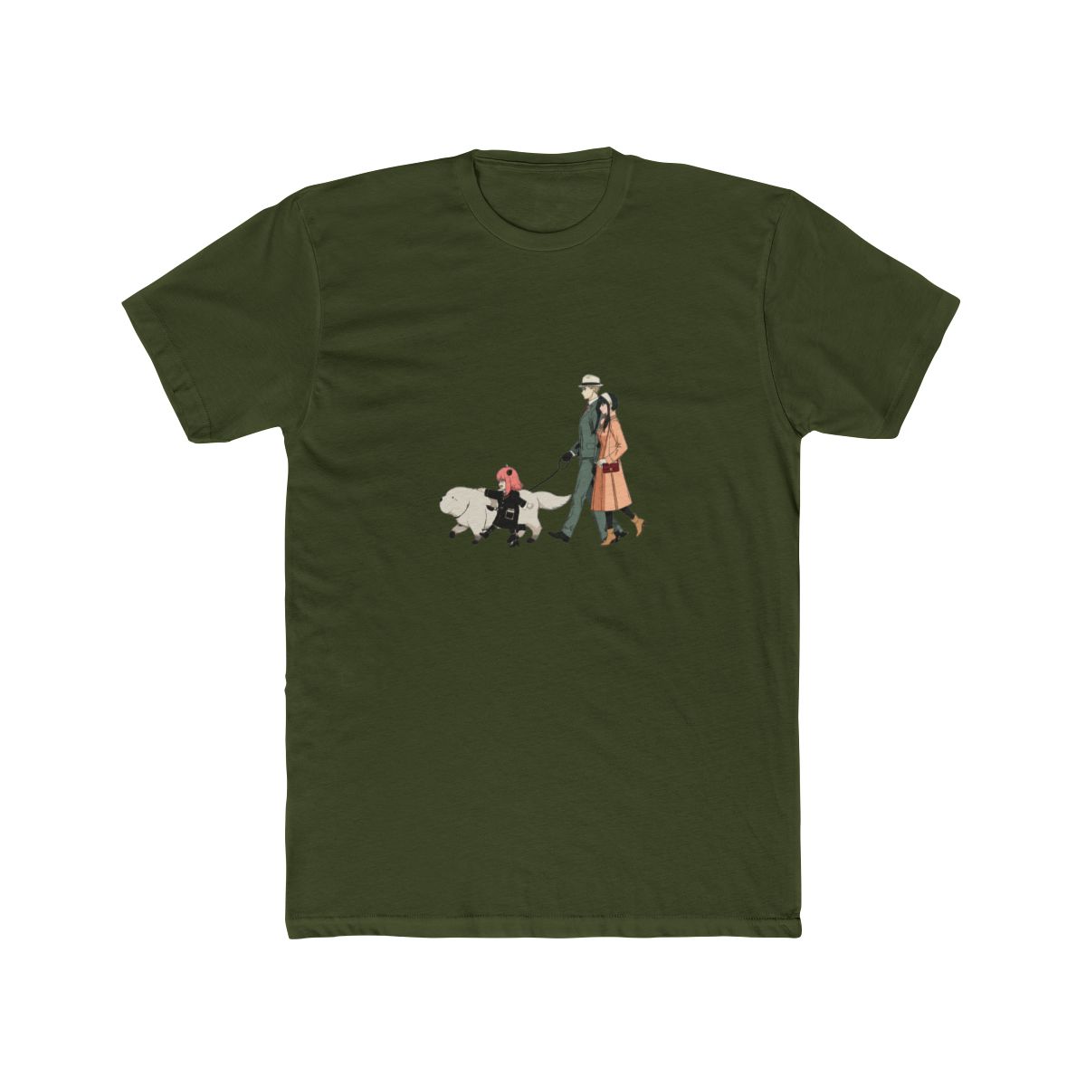 Moss green T Shirt with a graphic of a family walking a dog on a zebra crossing, with Japanese text above. The design includes a man, woman, child, and a white dog. The shirt is labeled "Comfort... - alternate angle 2, merchandise