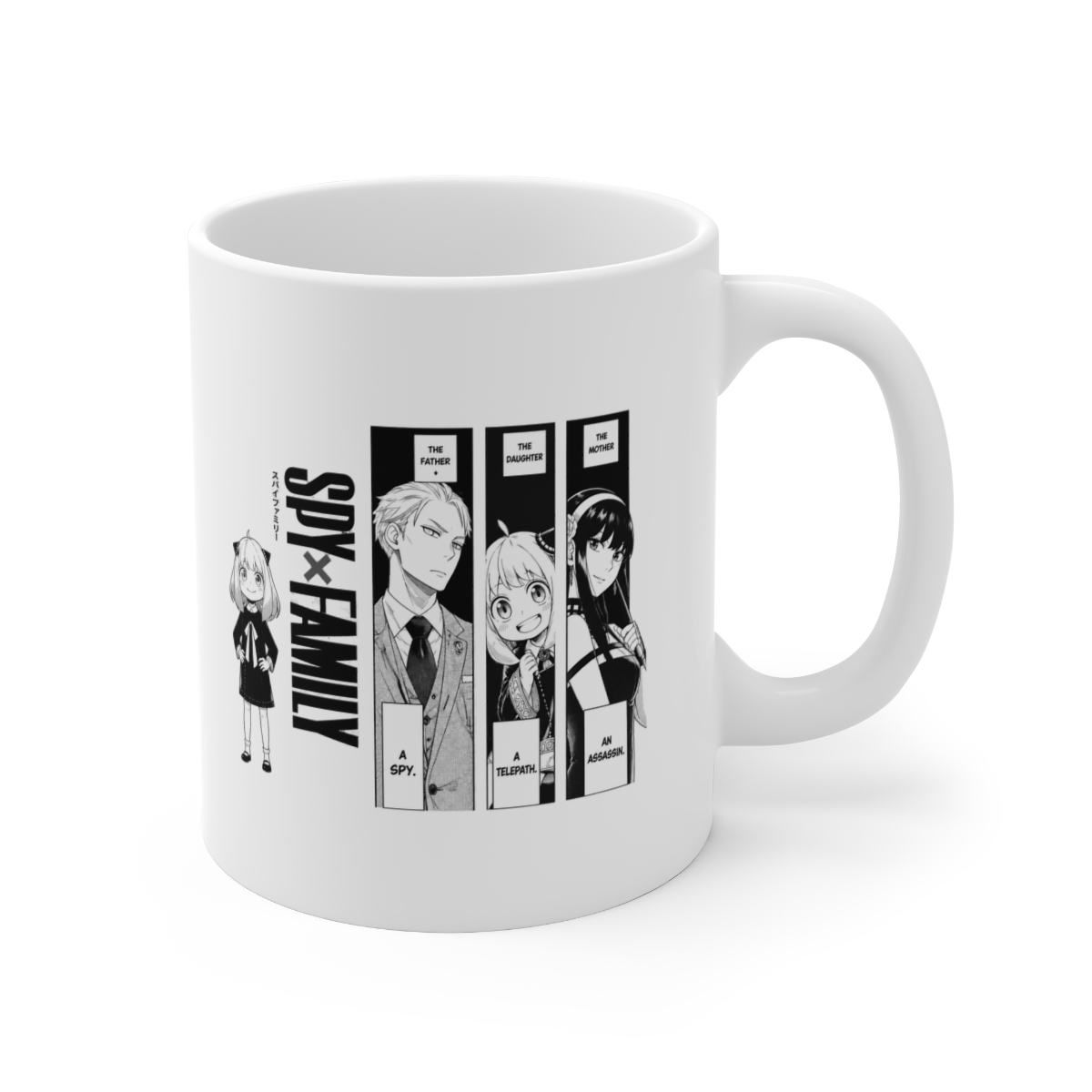 A white ceramic mug with a pink interior and handle, displaying manga-style illustrations and the text "SPY x FAMILY." The mug sits on a white saucer, showcasing a design from the popular anime series